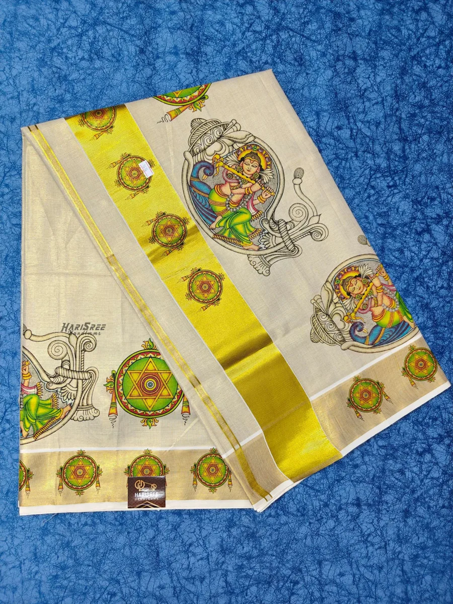 Kerala Kasavu Saree with Krishna Mural Design – Traditional Handloom Saree -