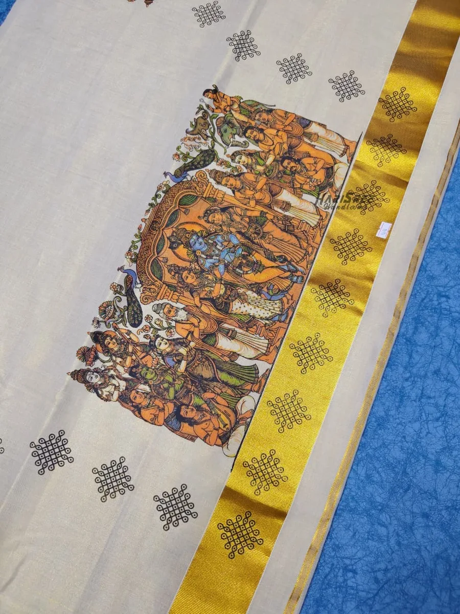 Kerala Temple Kasavu Saree with Lord Rama Artwork - HS103