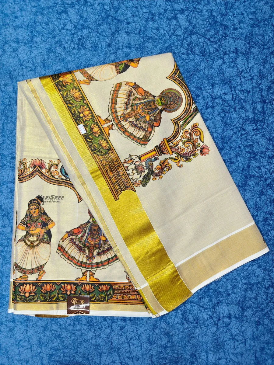 Kerala Kasavu Saree with Kathakali Mural Art & Golden Zari Border - TT107