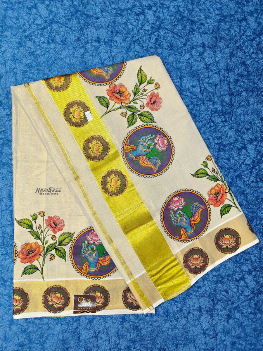 Traditional Kerala Saree with Lotus & Artistic Hand Motif - TT106