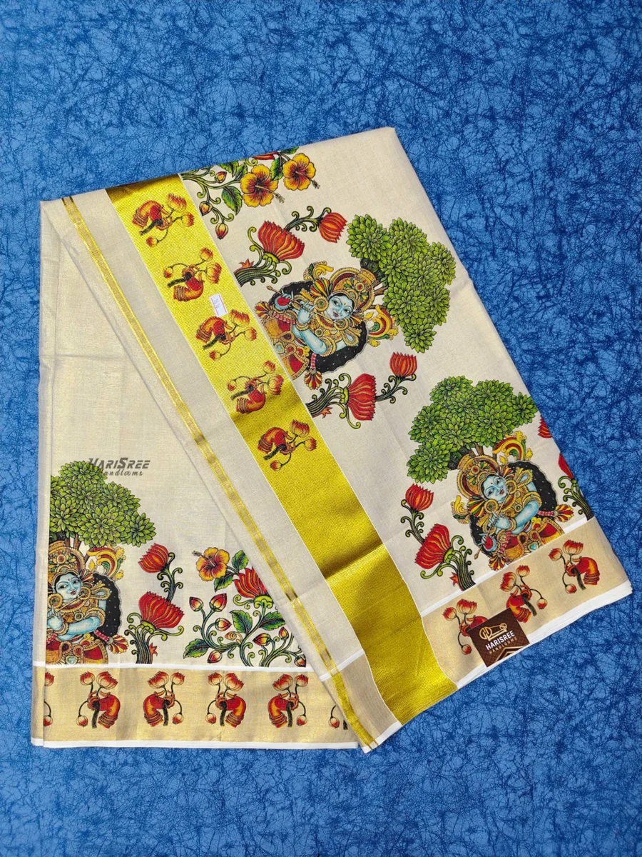 Kerala Kasavu Saree with Krishna Mural Art & Floral Hand-Painted Design - TT109