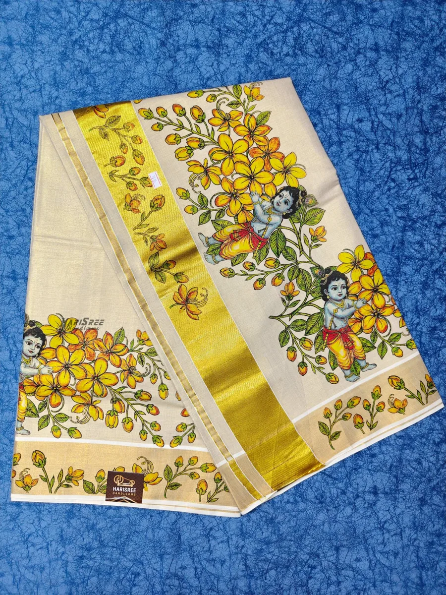 Kerala Kasavu Saree with Krishna Design & Yellow Floral Print - TT104