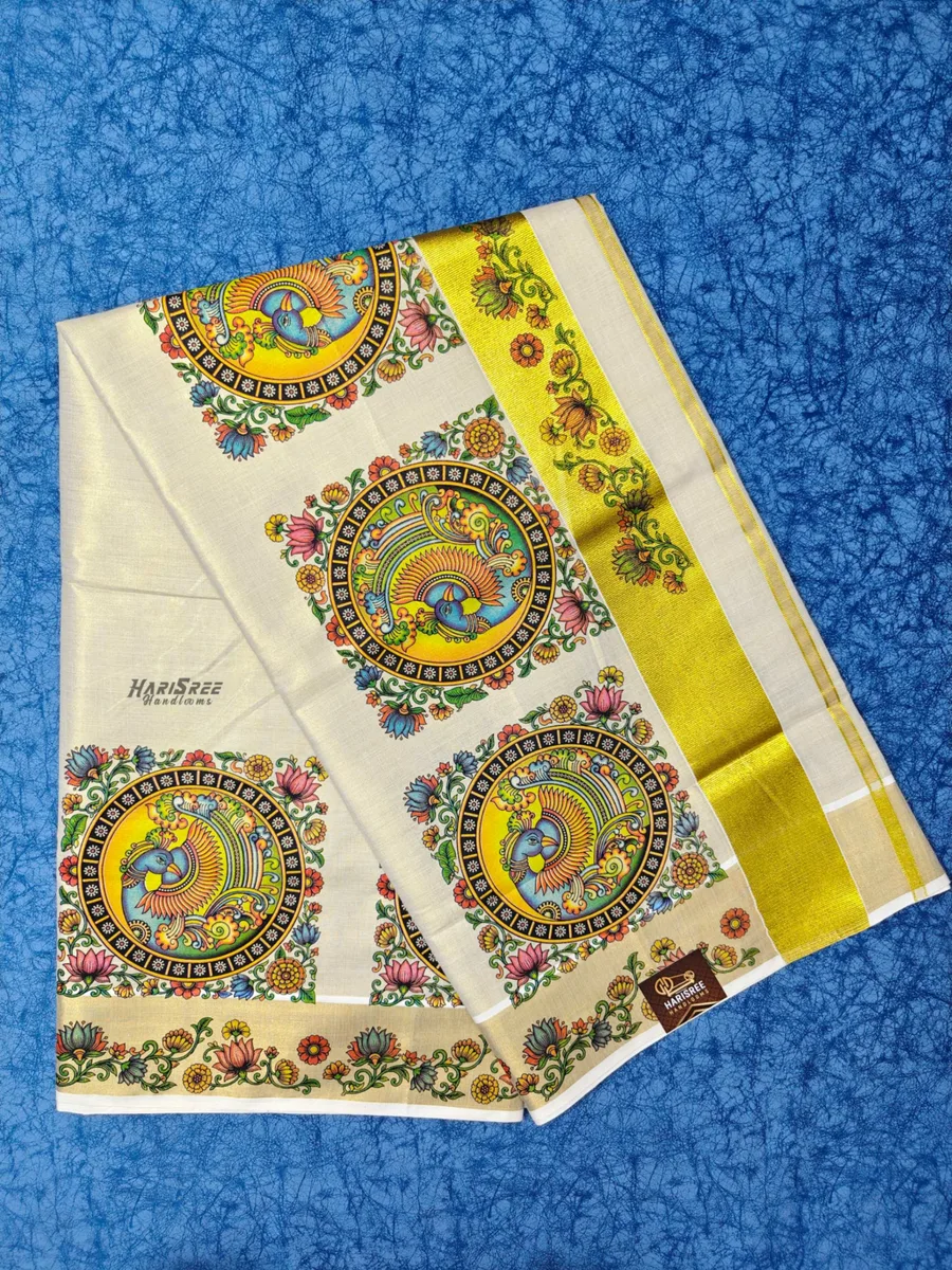 Premium Kasavu Saree with Circular Peacock Motif - TT105