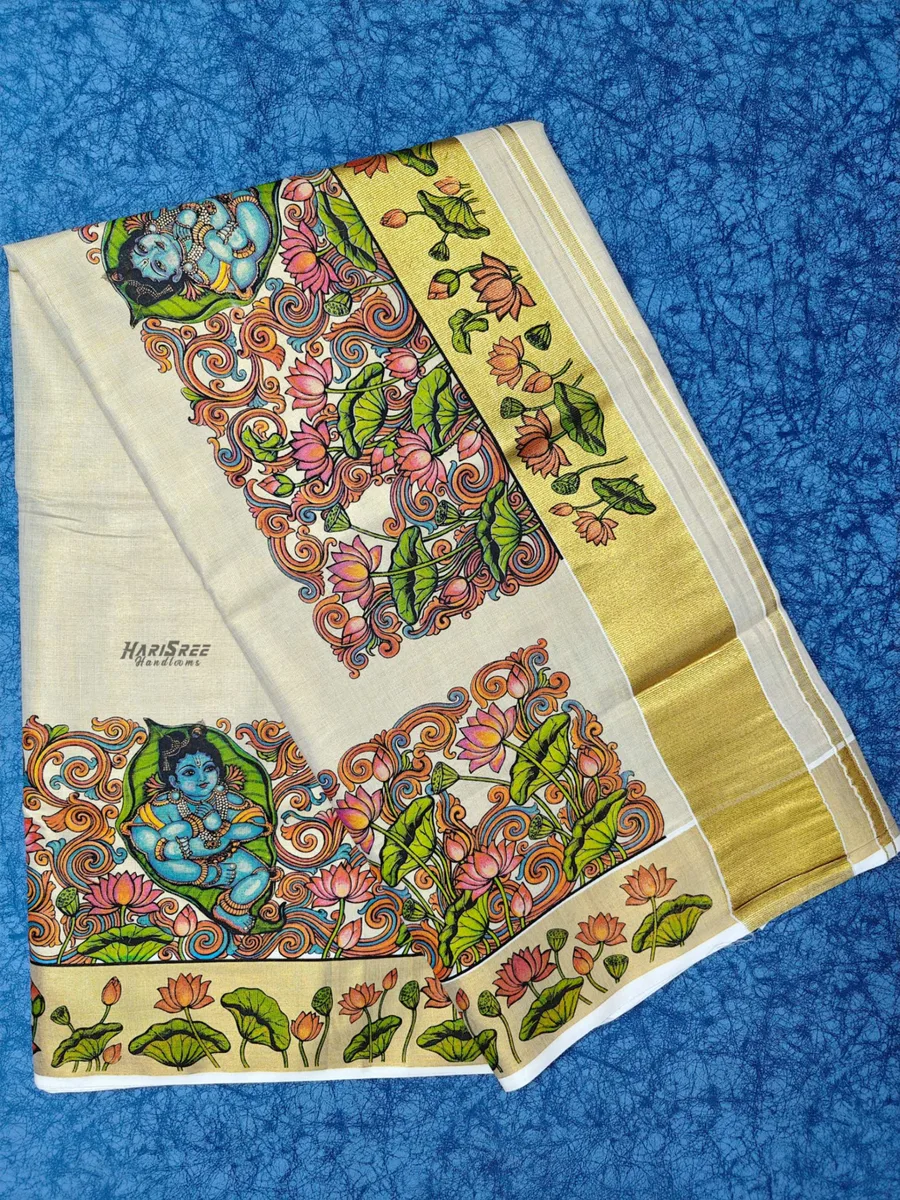 Authentic Hand-Painted Kerala Mural Saree with Traditional Krishna Motifs - TT110