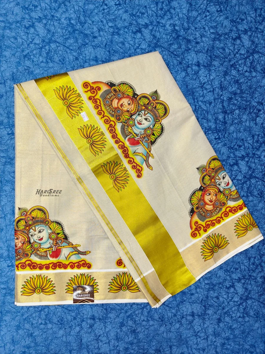 Kerala Kasavu Mural Saree – Radha Krishna Hand-Painted Print with Golden Zari - TT108