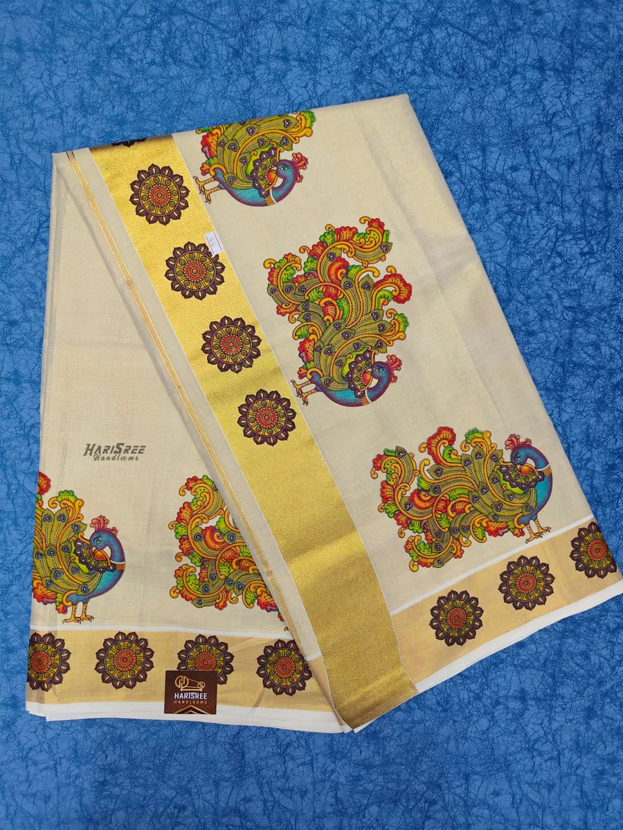 Kerala Kasavu Saree with Peacock Design – Traditional Handloom Saree - TT103